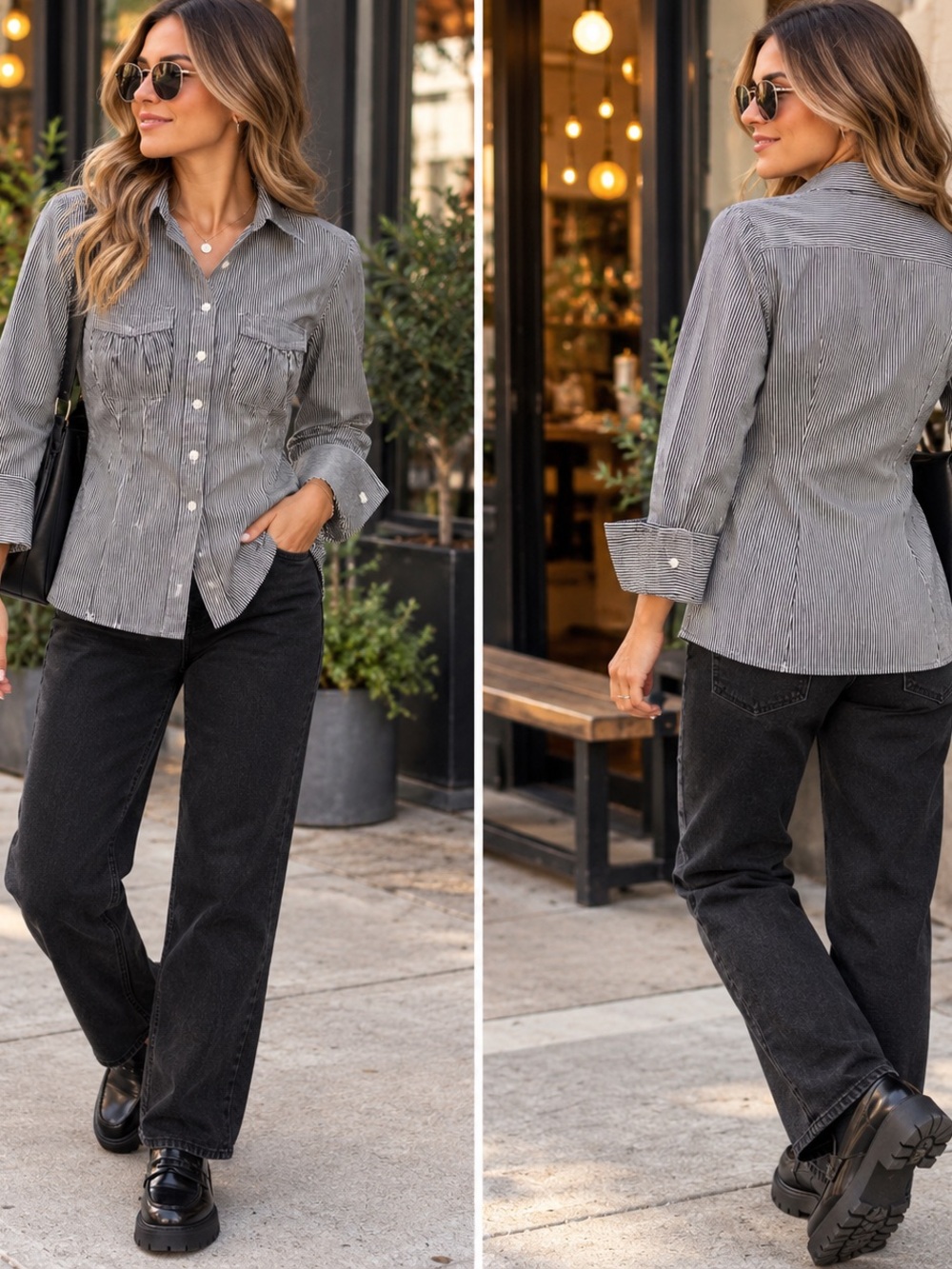 Signature by Larry Levine PXL Black White Pinstripe Button Down Shirt